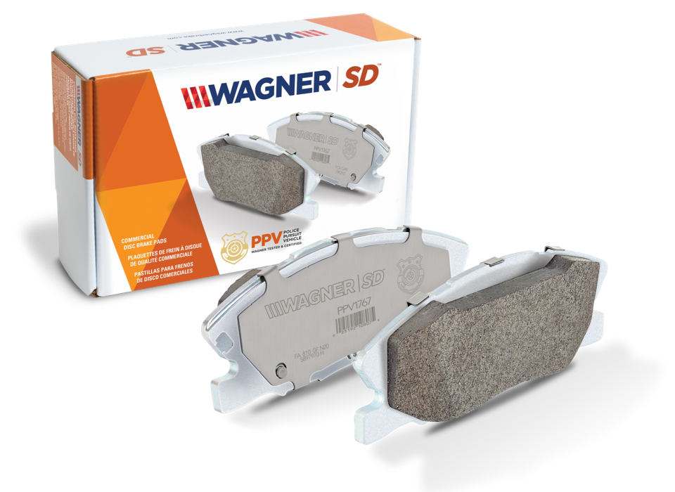 Front view of Wagner SD Brake Pads for Police Pursuit Vehicles, along with the packacking for the pads behind